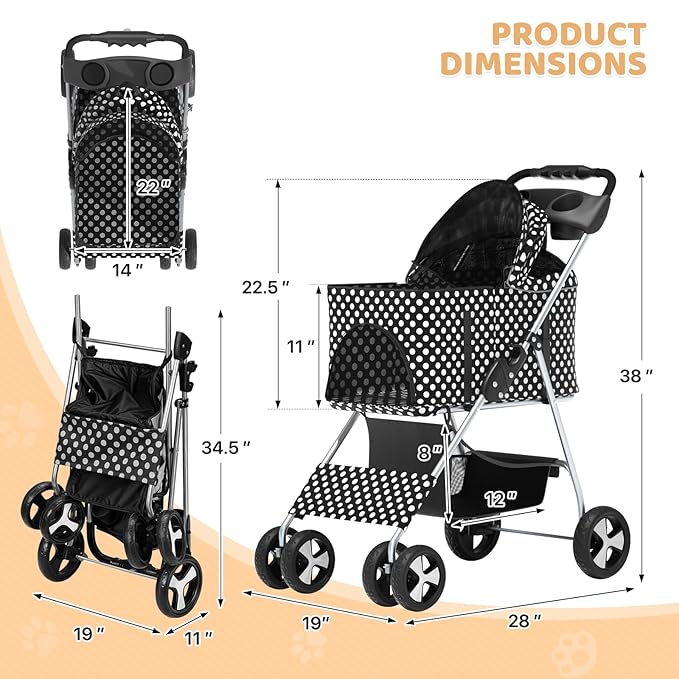 Magshion Foldable Pet Stroller, 3-in-1 Dog Travel Jogger with Detachable Carrier, Cup Holder, Storage Basket, Folding Carrier for Small/Medium Dogs &amp; Cats Up to 33 lbs, Black Polka Dots