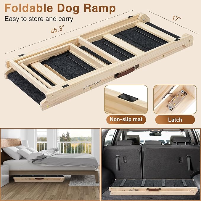 2025 Upgraded Dog Steps for Bed &amp; Couch - 2-in-1 Dog Stairs/Ramp for Small to Large Breeds - 45.3" Long Adjustable 14"-26" Up to 200LBS - Folding Portable Wooden Pet Stairs for high Bed Couch Car