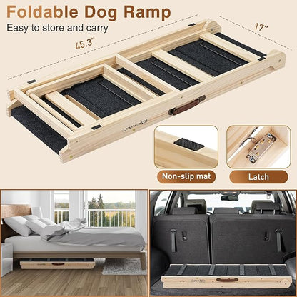 2025 Upgraded Dog Steps for Bed &amp; Couch - 2-in-1 Dog Stairs/Ramp for Small to Large Breeds - 45.3" Long Adjustable 14"-26" Up to 200LBS - Folding Portable Wooden Pet Stairs for high Bed Couch Car