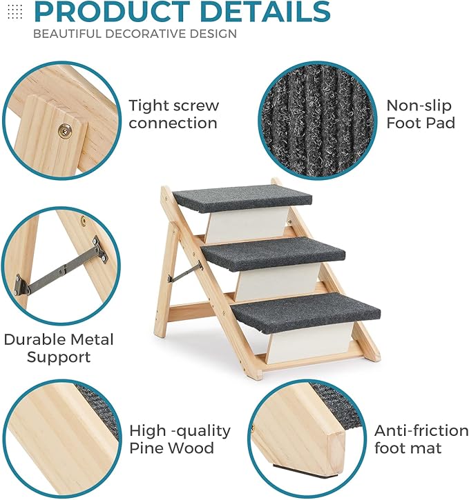 MEWANG Wood Pet Stairs &amp; Ramp for Small/Medium Dogs and Cats, Aging Pets – 3-in-1 Foldable, Portable, Non-Slip Pet Ladder for Tall Beds, Couches,Cars–Holds Up to 220 lbs (24.8" L x 17.2" W x 19.5" H)
