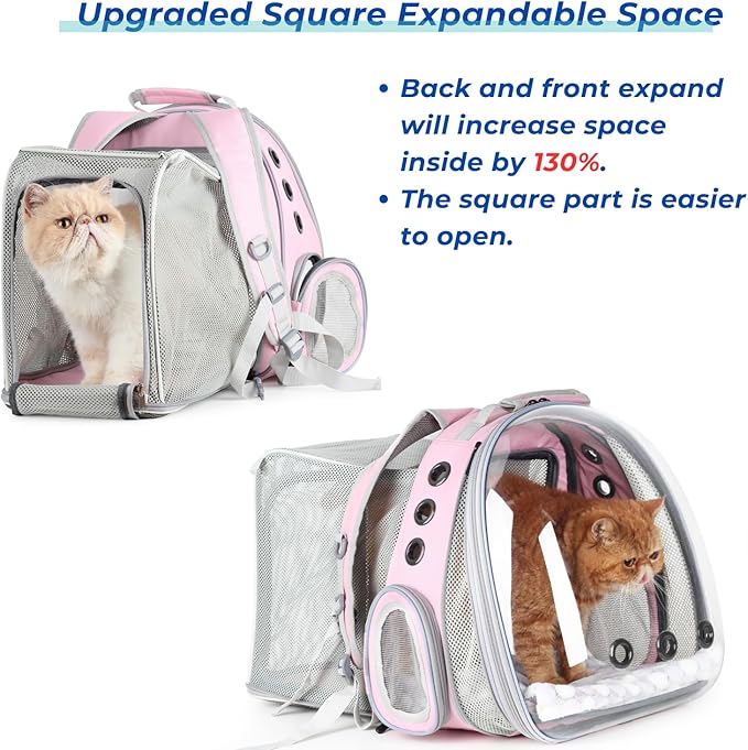 Lollimeow Cat Carrier Backpack, Bubble Dual Expandable Backpack Carrier, Pets and Small Dogs,Airline-Approved, Designed for Travel, Hiking, Walking &amp; Outdoor Use (Dual Expandable-Pink)