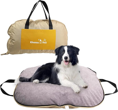 Portable Waterproof Dog Mat for Camping, Patio &amp; Travel - Foldable Outdoor Dog Bed with Teflon Shell &amp; Removable Plush Pad - Easy Clean, Durable - L (Khaki)