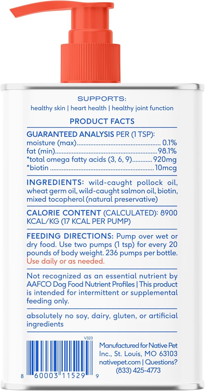 Native Pet Omega 3 Fish Oil for Dogs &amp; Cats - Promotes Healthy Skin, Shiny Coat, &amp; Strong Joints - Made with Wild Alaskan Salmon Oil for Dogs – Tasty, Fast-Absorbing Omega 3 6 9 Liquid Supplement-16oz