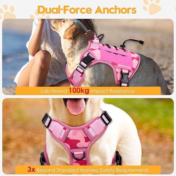 Heavy-Duty Tactical Dog Harness for Large Dogs, No Pull Adjustable Reflective Pet Vest with Molle System, K9 Military-Grade Control for Service Training, Outdoor &amp; 10+ Breeds, Pink Camo, X-Large