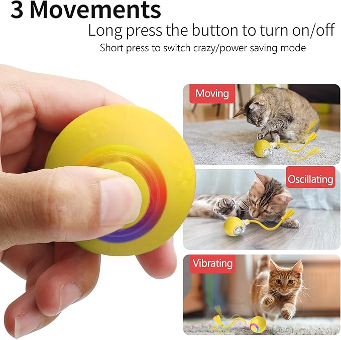 Interactive Cat Toys, Automatic Moving Cat Toys for Bored Indoor Adult Cats, Fast Rolling, Chirping &amp; Motion-Activated Kitty Toys, Fun Gift for Cats with Speedy Tail 2.0, USB Rechargeable, Yellow