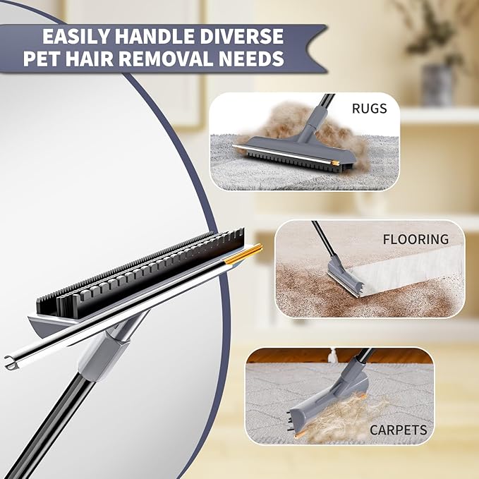 3 in 1 Carpet rake Kit for Pet Hair Removal Tool - Reusable Pet Hair Remover Broom w 58" Adjustable Long Handle, Dog &amp; Cat Carpet Scraper, Pet Hair Remover for Rugs, Mats, Couch, Curtains(Gray)