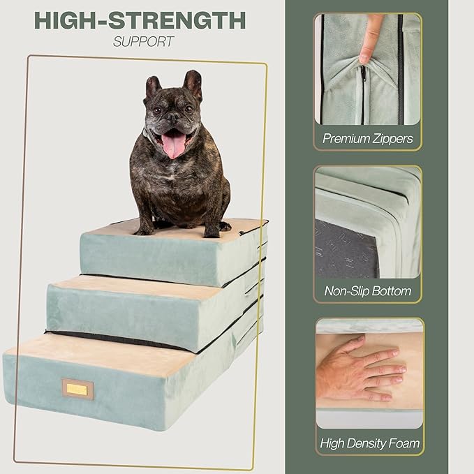All-in-One Adjustable Dog Stairs – 5-Step Premium Pet Ramp for Small to Large Dogs – Sturdy, Non-Slip &amp; Versatile for Beds, Sofas &amp; More - Soft Cover, Modern Design (Green)
