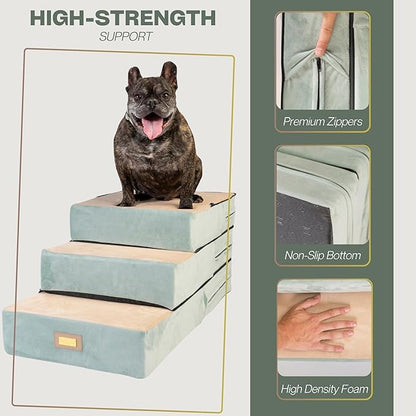 All-in-One Adjustable Dog Stairs – 5-Step Premium Pet Ramp for Small to Large Dogs – Sturdy, Non-Slip &amp; Versatile for Beds, Sofas &amp; More - Soft Cover, Modern Design (Green)