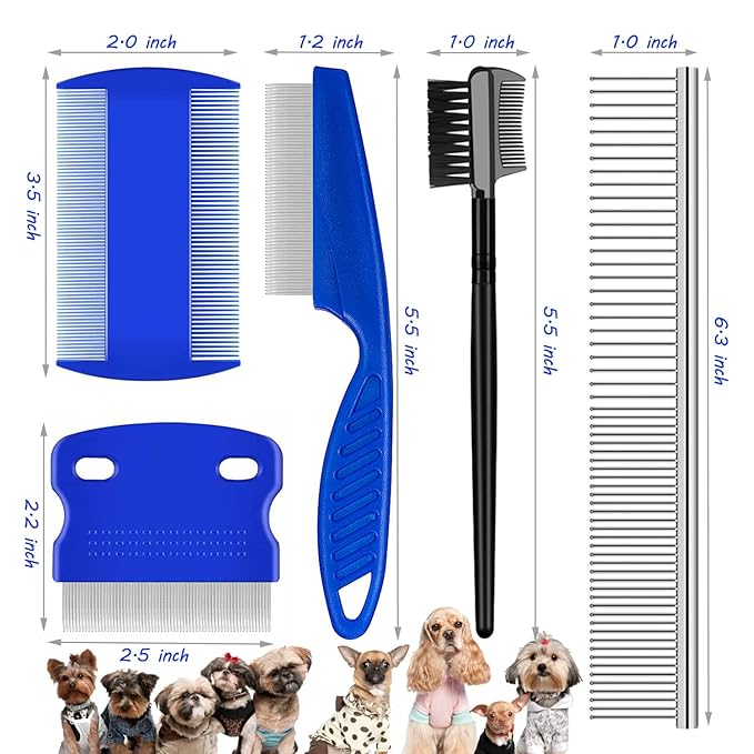 Flea Comb Lice Comb Cat &amp; Dog Pet Grooming Combs Tear Stain Remover Remove Mucus Crust 2-in-1 Metal Round Smooth Teeth Comb Remove Floating Hair Tangles Dander (blue)