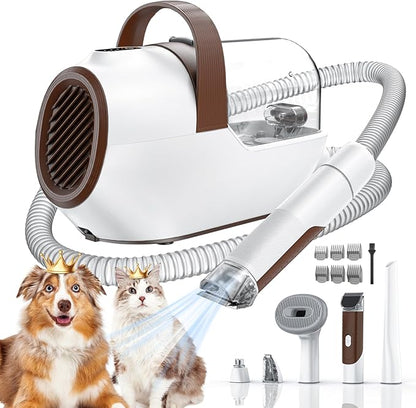 Dog Grooming Vacuum, Dog Grooming Kit with Pet Clipper Nail Grinder, 3 Suction Modes Dog Brush Vacuum with 6 Pet Grooming Tools (Coffee)