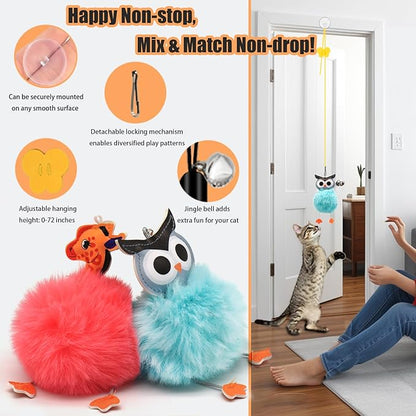 4-in-1 Interactive Cat Toys Set with Suction Cup Wand, Hanging Cat Toys, Fishing Pole Cat Wand &amp; Kitten Balls- Includes Variety Replaceable Worms, Feathers for Indoor Bored Cats for Exercise