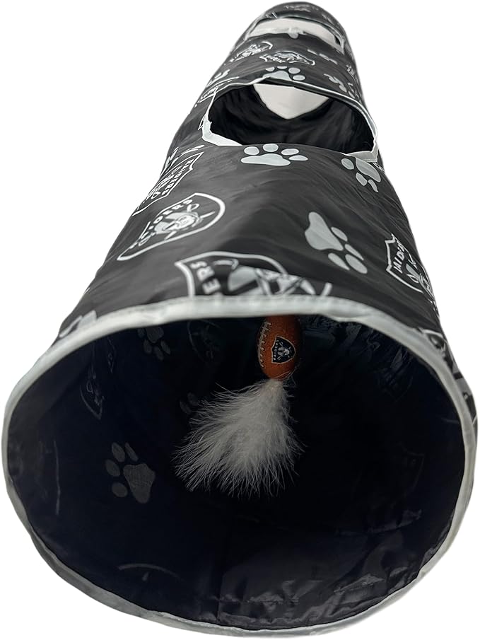 NFL Las Vegas Raiders Cat Tunnel Tube Toy with Plush Football Catnip and Feathers Collapsible Tunnel for Cats to Play, Peek and Hide, Sporty &amp; Fun Cat Tunnel Toy with Team Logo All-Over Design!
