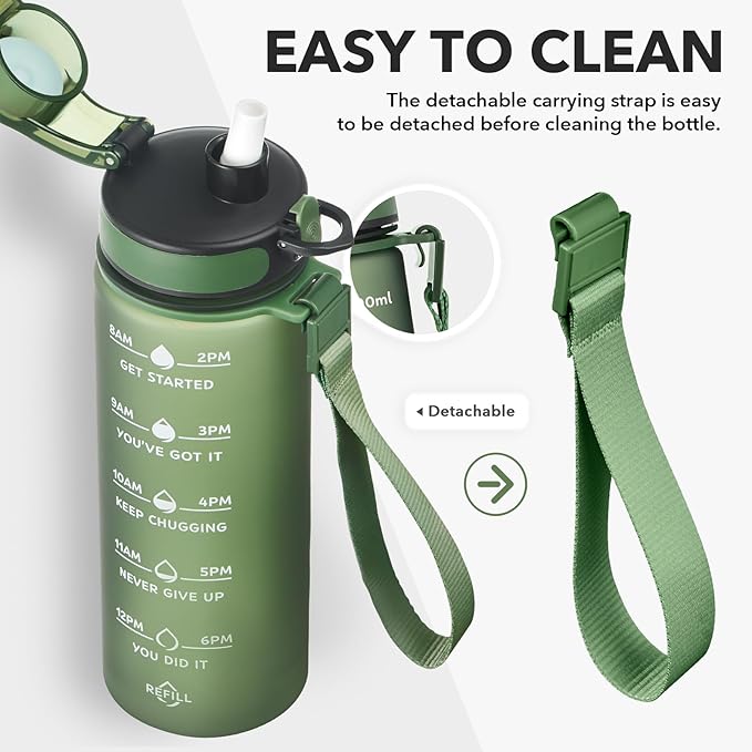 Enerbone Water Bottle, Leakproof BPA &amp; Toxic Free, Motivational Water Bottle with Times to Drink and Straw, Fitness Sports Water Bottle with Strap for Office, Gym, Outdoor Sports