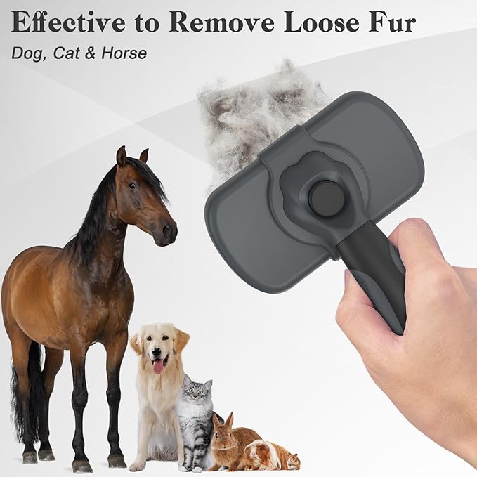 Self-Cleaning Deshedding Brush for Dogs &amp; Cats - Skin-Friendly Grooming Tool with Hair Brush for Long and Short Haired Pets, Grey