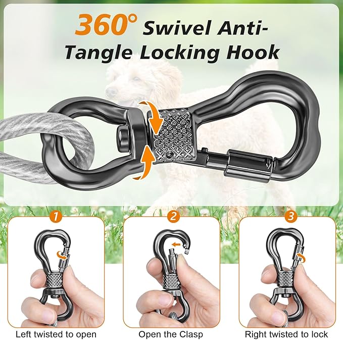 Tresbro 15 FT Dog Tie Out Cable with Spring, Shock Absorbing Tether Chains for Outside Aavilable in 10/15/20/25/30/40/50/70/100/120 FT, Heavy Duty Leads for Yard for Medium &amp; Large Dogs Up to 500 LBS