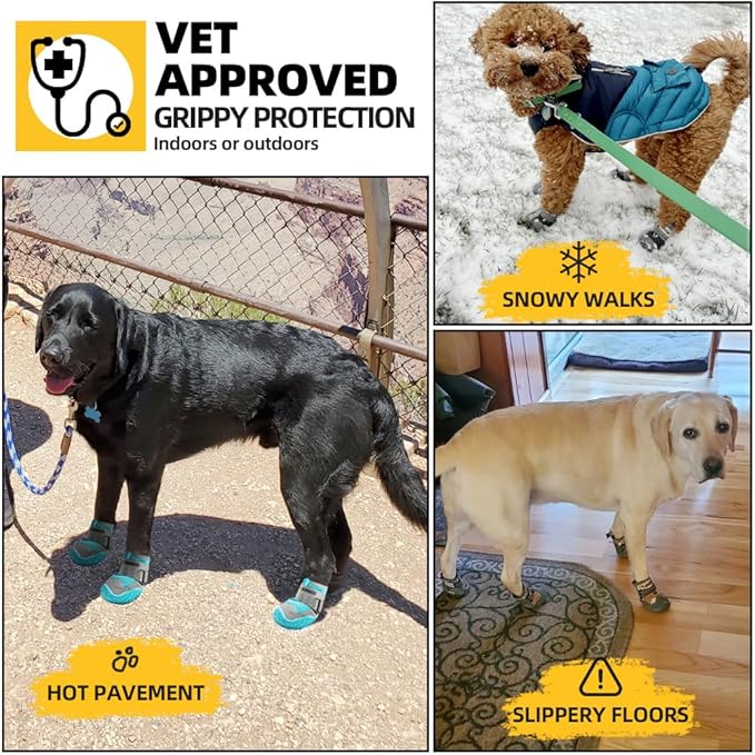 Hcpet Dog Shoes for Large Dogs, Waterproof Dog Booties for Small Medium Dogs, Anti-Slip Dog Boots &amp; Paw Protectors for Hot Pavement Winter Snow Hiking with Reflective Straps Black Size 7