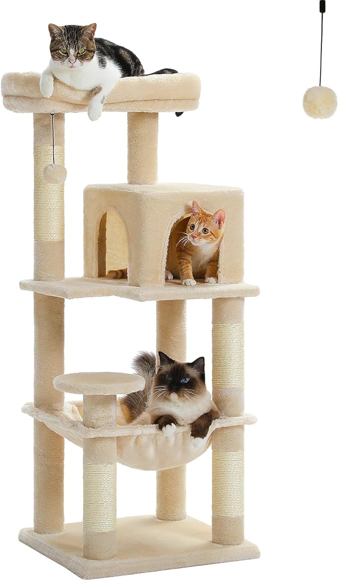 PETEPELA 45.7" Cat Tree for Indoor Cats, 5-Level Cat Tower for Large Cats with Metal Frame Large Hammock (17.3"x15.3"), Cat Condo with (18.5"x13") Big Top Perch &amp; 4 Sisal Covered Scratching Post Beige