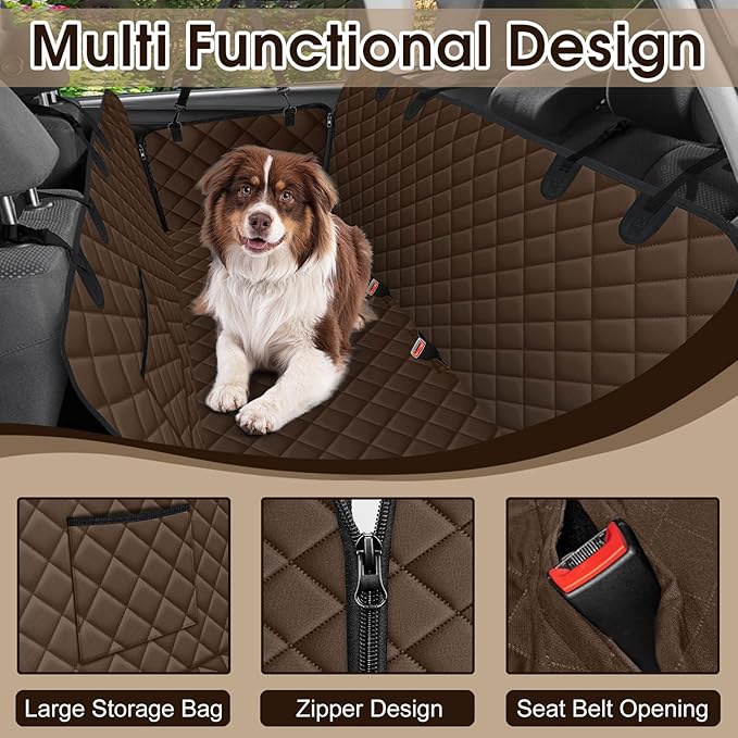Waterproof Dog Car Seat Cover for Back Seat - Durable, Scratch Proof Pet Hammock with Nonslip Design &amp; Storage Pockets, Fits Cars, SUVs, Trucks - L, Coffee/Black