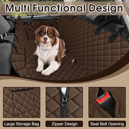 Waterproof Dog Car Seat Cover for Back Seat - Durable, Scratch Proof Pet Hammock with Nonslip Design &amp; Storage Pockets, Fits Cars, SUVs, Trucks - L, Coffee/Black