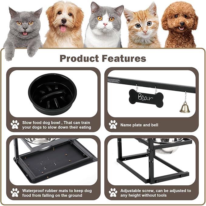 Elevated Dog Bowls with Slow Feeder for Large Dogs – Adjustable Raised Stand with 2 Stainless Steel Bowls &amp; Spill-Proof Mat, Non-Slip Dog Feeder for Large &amp; Medium Dogs (Black)