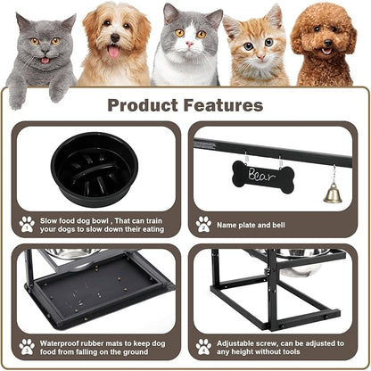 Elevated Dog Bowls with Slow Feeder for Large Dogs – Adjustable Raised Stand with 2 Stainless Steel Bowls &amp; Spill-Proof Mat, Non-Slip Dog Feeder for Large &amp; Medium Dogs (Black)