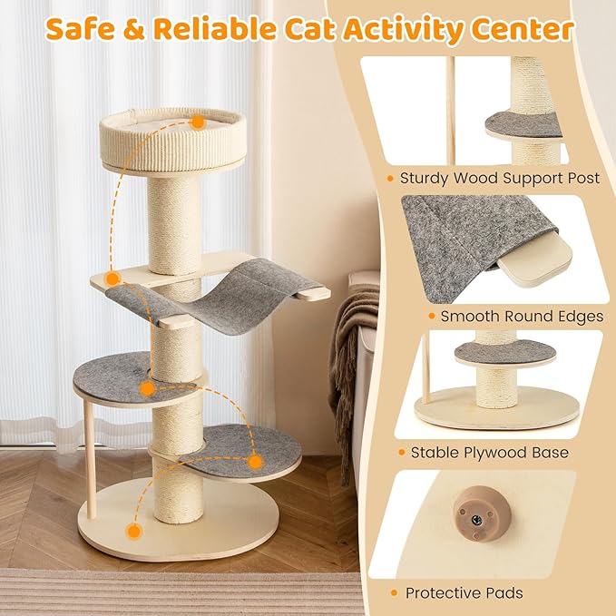 Tangkula Wood Cat Tree, 47 Inch Multi-Layer Cat Tower with 5.7” Thicker Sisal Covered Scratching Posts &amp; Carpet, Padded Top Perch, 2 Jumping Platforms, Hammock, Modern Cat Tree Tower for Indoor Cats