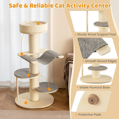 Tangkula Wood Cat Tree, 47 Inch Multi-Layer Cat Tower with 5.7” Thicker Sisal Covered Scratching Posts &amp; Carpet, Padded Top Perch, 2 Jumping Platforms, Hammock, Modern Cat Tree Tower for Indoor Cats