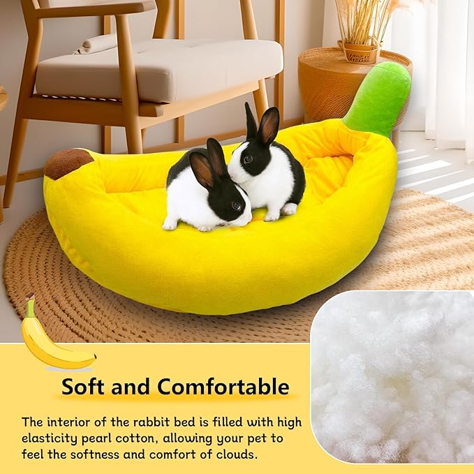 Rabbit Bed,Bunny Bed,Thick&amp;Soft with Removable Mat,Machine Washable Guinea Pig Cushion,Cozy Rabbi Plush House,Warm Small Animal Sleeping Beds(Yellow Banana Shape-L)