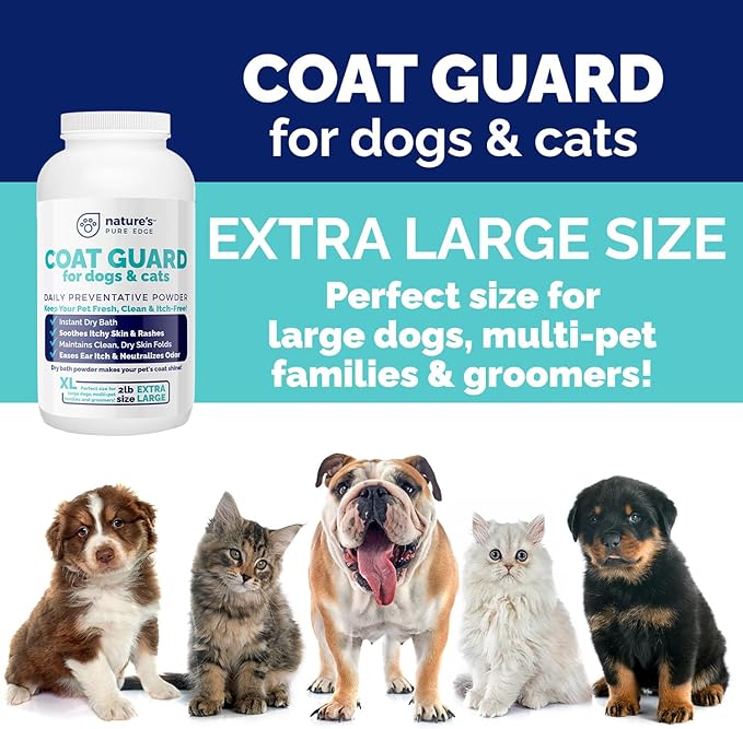 Coat Guard Dry Shampoo for Dogs and Cats - Extra Large 2 lbs Jar, Dog Dry Shampoo Powder, Waterless Dog Shampoo, Anti Itch Relief, Cedar Scented, Anti Dandruff, Hot Spots, Nature&