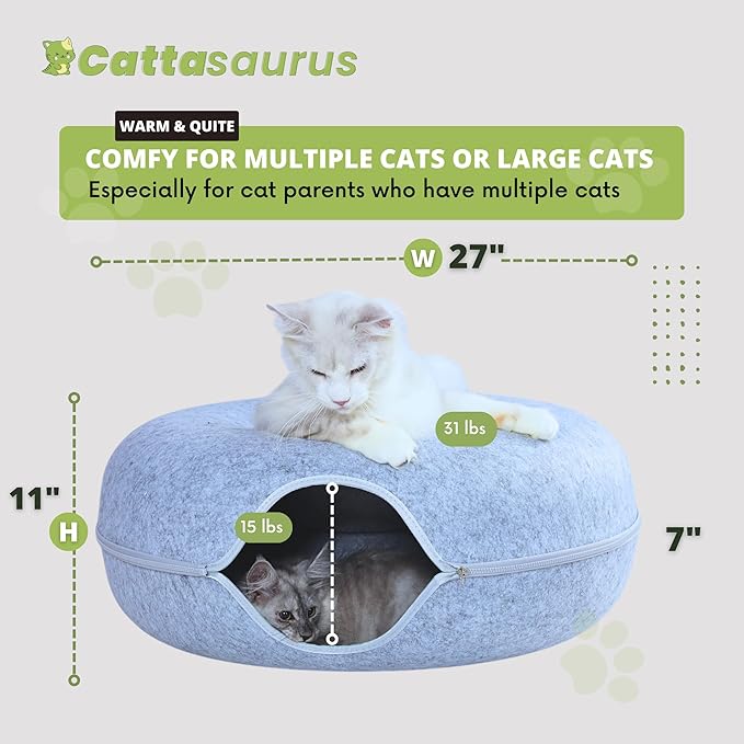 Cattasaurus Peekaboo Cat Cave, Extra Spacious for Multiple &amp; Large Cats 12+ lbs, Scratch Detachable Beds for Indoor Cats, Washable Tunnel Bed, Comfy Cat Donut Tunnel (Light Gray+Light Gray, Jumbo)