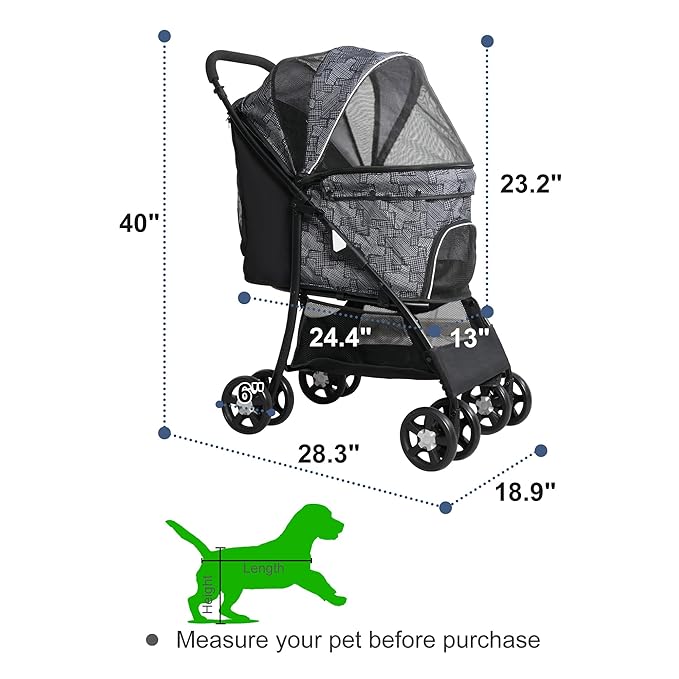 Lightweight Pet Stroller for Small/Medium Dogs and Cats - Foldable Travel Carriage with Storage Basket, Breathable Mesh &amp; 4 Wheels - Up to 33 lbs – Black