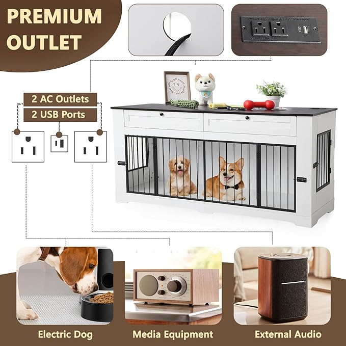 Large Dog Crate Furniture-Decorative Heavy Duty Dog Cage Indoor, Wooden Dog Cage End Table with Charging Station, Dog House with 2 Drawers (White, 70.86&