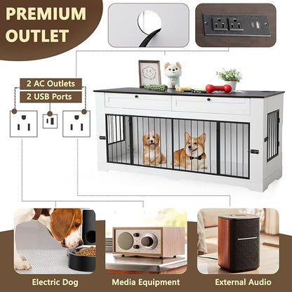 Large Dog Crate Furniture-Decorative Heavy Duty Dog Cage Indoor, Wooden Dog Cage End Table with Charging Station, Dog House with 2 Drawers (White, 70.86&