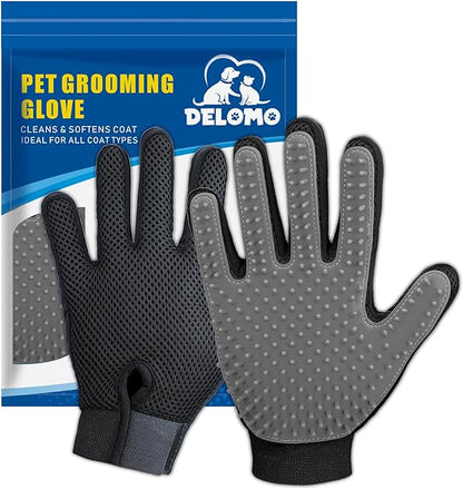 Upgrade Version Pet Grooming Glove - Gentle Deshedding Brush Glove - Efficient Pet Hair Remover Mitt - Enhanced Five Finger Design - Perfect for Dog &amp; Cat with Long &amp; Short Fur - 1 Pair (Gray)