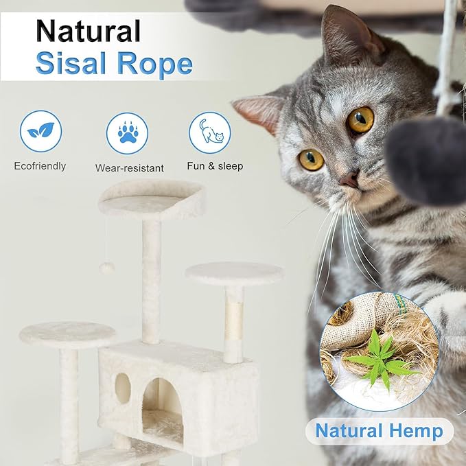 FDW Cat Tree Tower 62in Multi-Level Durable Cat Scratching Post &amp; Cozy Fun Jumping Platform Space Saving Condo Pet Play House for Indoor Cats, Beige