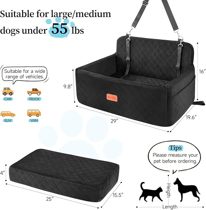 Dog Car Seat for Medium/Large Dogs, Pet Booster Seat for Under 55 lbs or 2 Small Dogs, Detachable &amp; Washable Dog Car Bed for Backseat with 2 Safety Leashes(Black)