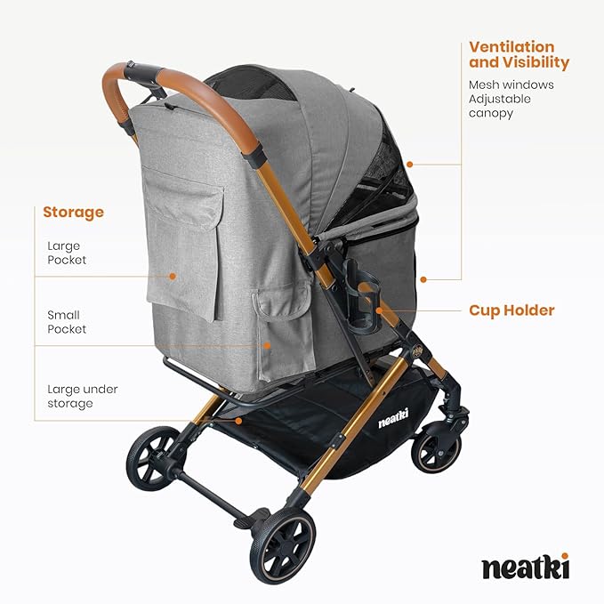 Foldable Pet Stroller for Dogs and Cats, 33 lbs Capacity, 360° Swivel Front Wheels, One-Click Fold, Brake System, Leash &amp; Lock Clips, Removable Washable Padding, and Cup Holder (Gray, 33 lbs)