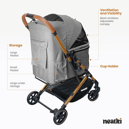 Foldable Pet Stroller for Dogs and Cats, 33 lbs Capacity, 360° Swivel Front Wheels, One-Click Fold, Brake System, Leash &amp; Lock Clips, Removable Washable Padding, and Cup Holder (Gray, 33 lbs)