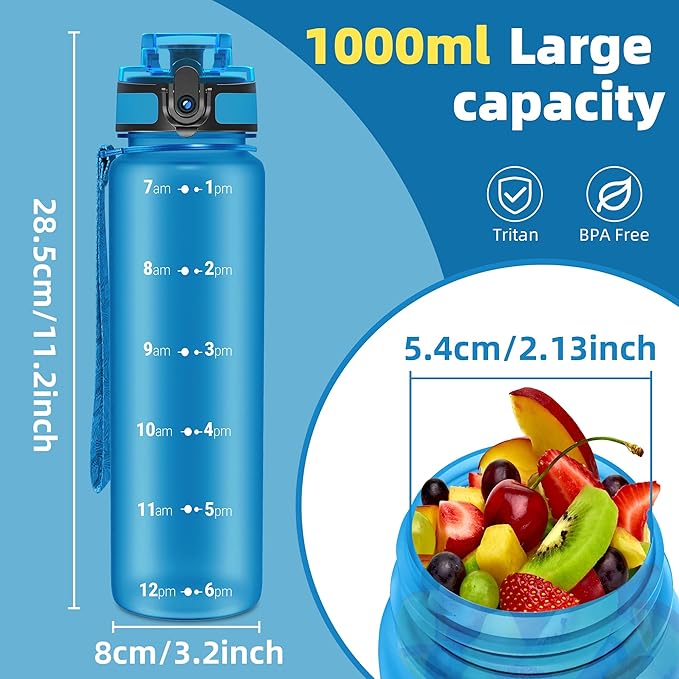 OLDLEY 32 oz Motivational Water Bottle with Time Marker, Sports Water Bottle With Strap, Leakproof &amp; BPA Free Large Water Bottle for School, Gym, Travel, Outdoor, Tritan, Blue