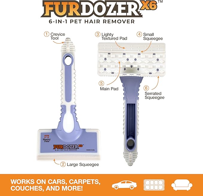 FurDozer X6 Pet Hair Remover &amp; Auto Detailing Tool - Cat &amp; Dog Hair Remover for Carpets, Car Interiors, Couches, Bedding, &amp; Furniture - Reusable Pet Hair Removal Tool for Fur &amp; Lint (Purple, 2-Pack)
