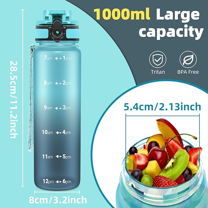 OLDLEY 32 oz Water Bottle, Motivational Water Bottle with Time Marker, Sports Water Bottle With Strap, Leakproof &amp; BPA Free Large Water Bottles for School, Gym, Travel, Outdoor, Tritan,Blue&amp;Gray