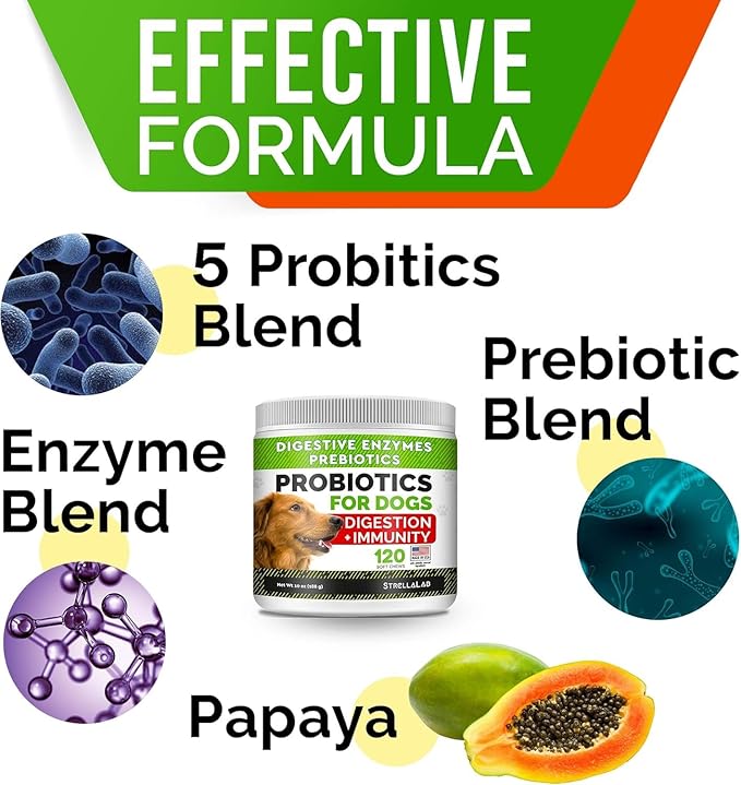 StrellaLab Dog Probiotics Treats for Picky Eaters - Digestive Enzymes + Prebiotics - Chewable Fiber Supplement - Allergy, Diarrhea, Gas, Constipation, Upset Stomach Relief - Improve Digestion&amp;Immunit