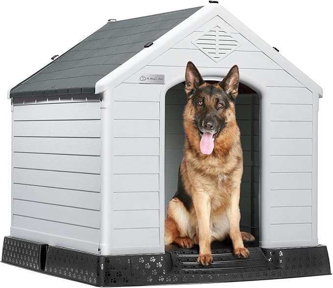LEMBERI Durable Waterproof Plastic Dog House for Small to Large Sized Dogs, Indoor Outdoor Doghouse Insulated Puppy Shelter with Elevated Floor, Easy to Assemble (Gray, 34&