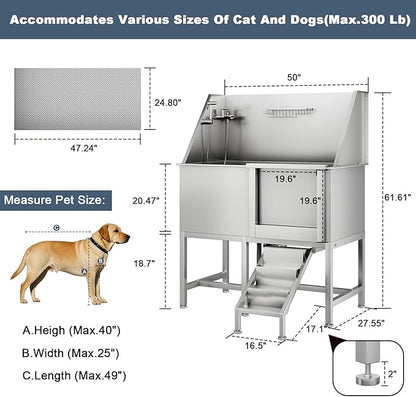 CuisinSmart 50" Dog Bathtub for Large Dogs, Professional Dog Washing Station with Dog Wash Attachment, Bath Pool for Outdoor, Indoor Shower and Grooming (50" Right Door)