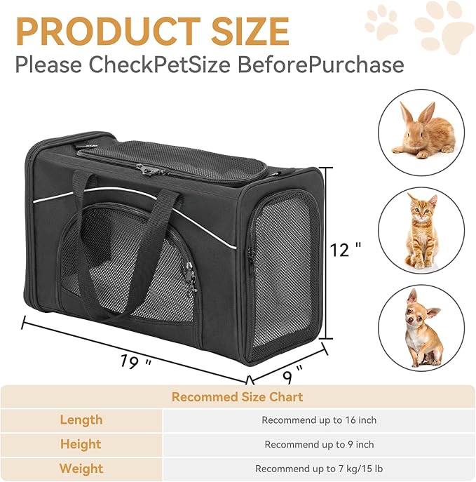 ‌Petsfit Airline Approved Pet Carrier for Small Dogs &amp; Cats, 19x9x12 TSA Approved Carrier, with Removable Dual-Sided Padding (2-Way Placement) - Fits Under Most Airplane Seats, Escape Proof (Black)