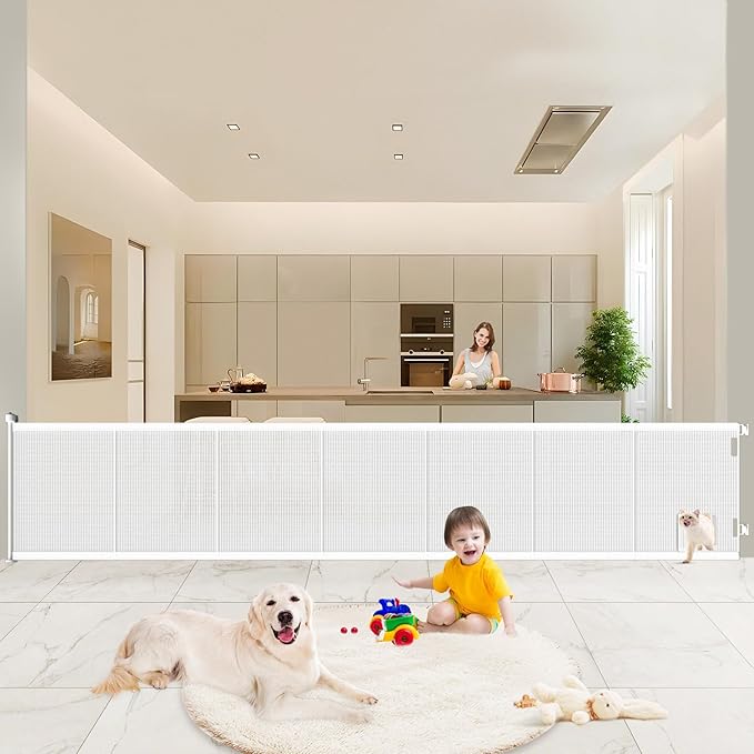 Pawtners Retractable Baby Gates Extra Wide, 41" Tall Extends up to 120" Wide, Dog Gate Indoor with Cat Door for Stairs, Pet Gate with Support Rods for Doorways Hallways Indoor &amp; Outdoor-White