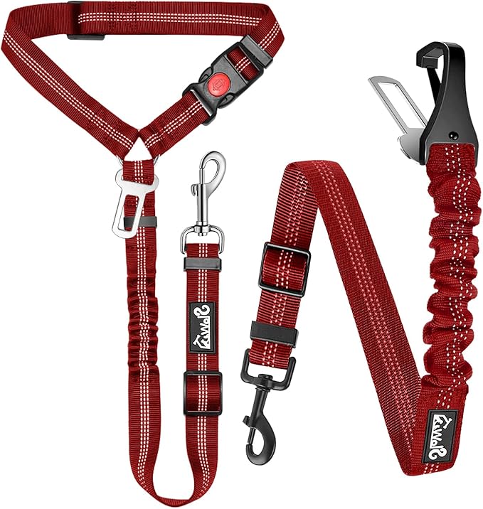 Lukovee Dog Seatbelt Leash for Cars, 2 Pack Pet Safety Seat Belt with Adjustable Buckle &amp; Reflective Bungee, Connect Dog Harness in Vehicle Dogs Restraint Travel Daily Use (Red)