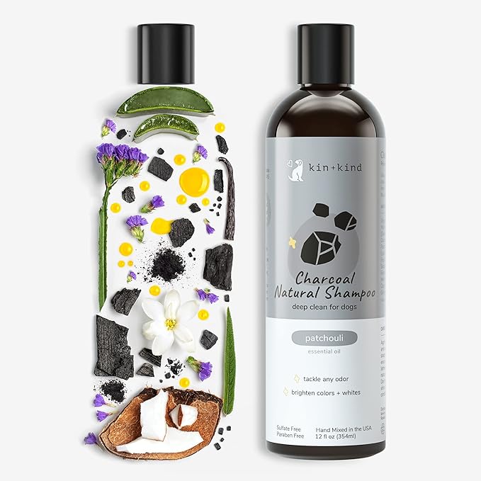 kin+kind Dog Shampoo - Deep Clean, Dirt &amp; Odor Remover w/Activated Charcoal for Dogs, Gentle Formula w/Natural Aloe, Olive Oil &amp; Coconut Oil, Pet Hair Care &amp; Grooming Products, Patchouli, 12 fl oz