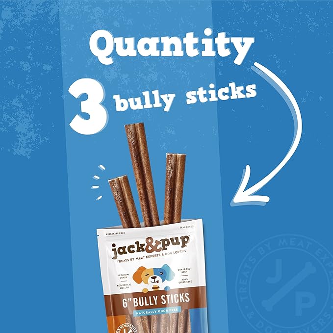 Jack&amp;Pup 6-inch Pizzle Sticks for Dogs (3 Pack) All Natural Jumbo Bully Sticks | Single Ingredient, Long Lasting Bully Sticks for Medium Dogs