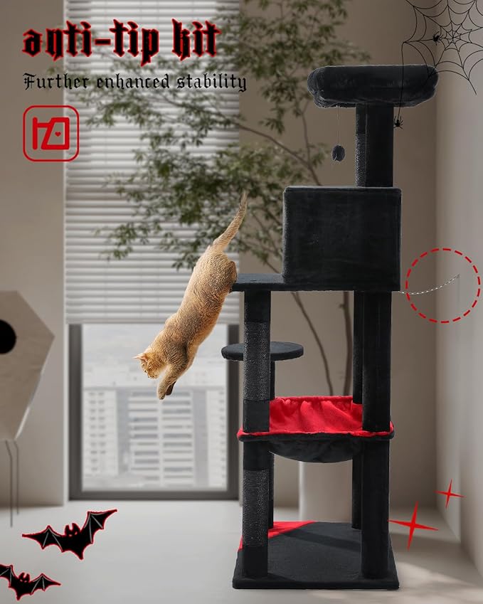 Gothic Cat Tree with Super Large Hammock, 56.3" Black Cat Tower with Coffin Bed, Cat Condo, Sisal Scratching Posts &amp; Top Perch, Multi-Level Goth Cat Tree, Halloween, Black